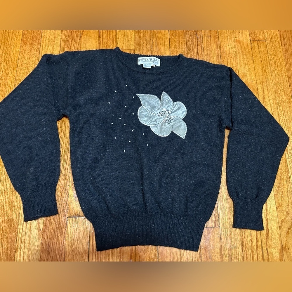 Vintage Silver  Embellished Floral Black Sweater With Beads Size Medium